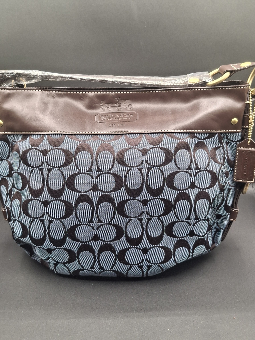 Coach Blue Signature Jacquard Shoulder Bag with Brown Leather Trim